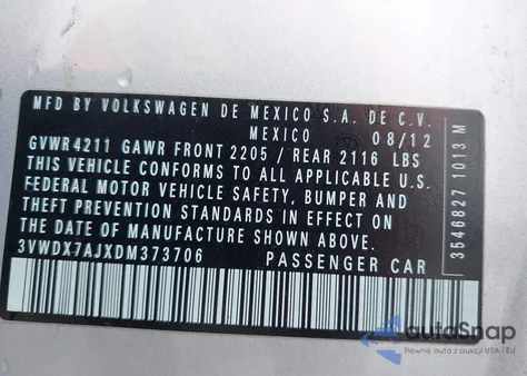 2013 Volkswagen Jetta 2.5L Se from USA, damaged, VIN 3VWDX7AJXDM373706